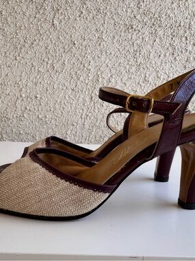 NEW Vintage 1970s Life Stride Linen & Brown Leather Peep Toe Pumps Heels 6.5